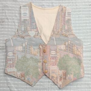 Vintage Cityscape Tapestry Vest With Wooden Buttons